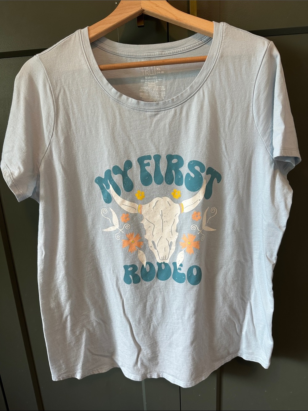 Time and Tru Light Blue 'My First Rodeo' Graphic Maternity Tee